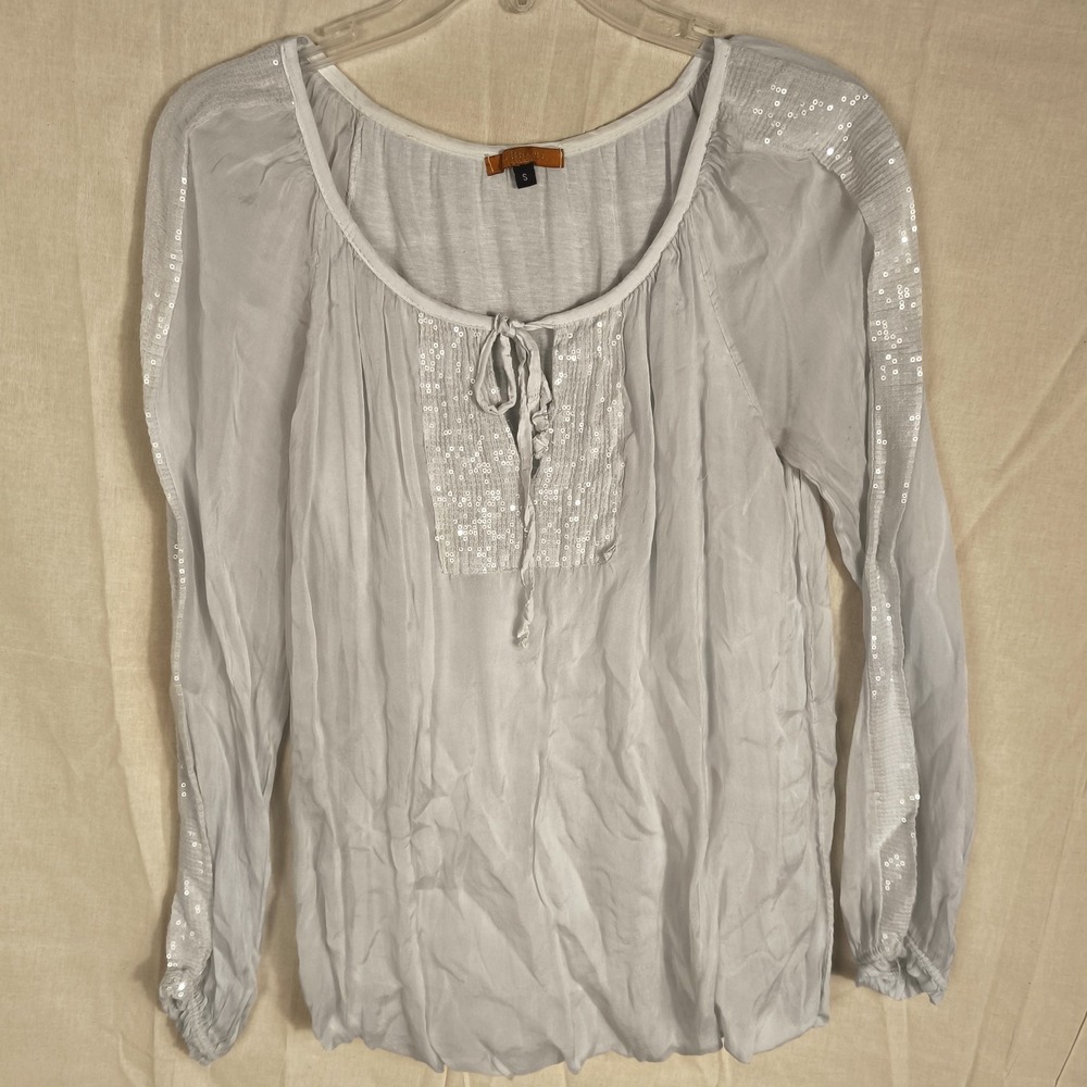 G.Ricceri Silk Blouse Made in Italy Sequin‎ Trim Boho Minimalist Capsule White S